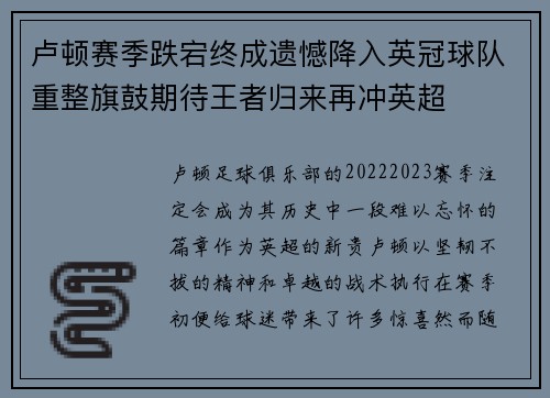 卢顿赛季跌宕终成遗憾降入英冠球队重整旗鼓期待王者归来再冲英超