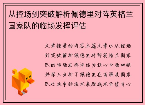 从控场到突破解析佩德里对阵英格兰国家队的临场发挥评估