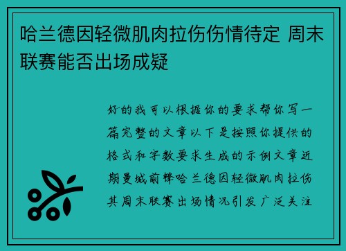 哈兰德因轻微肌肉拉伤伤情待定 周末联赛能否出场成疑